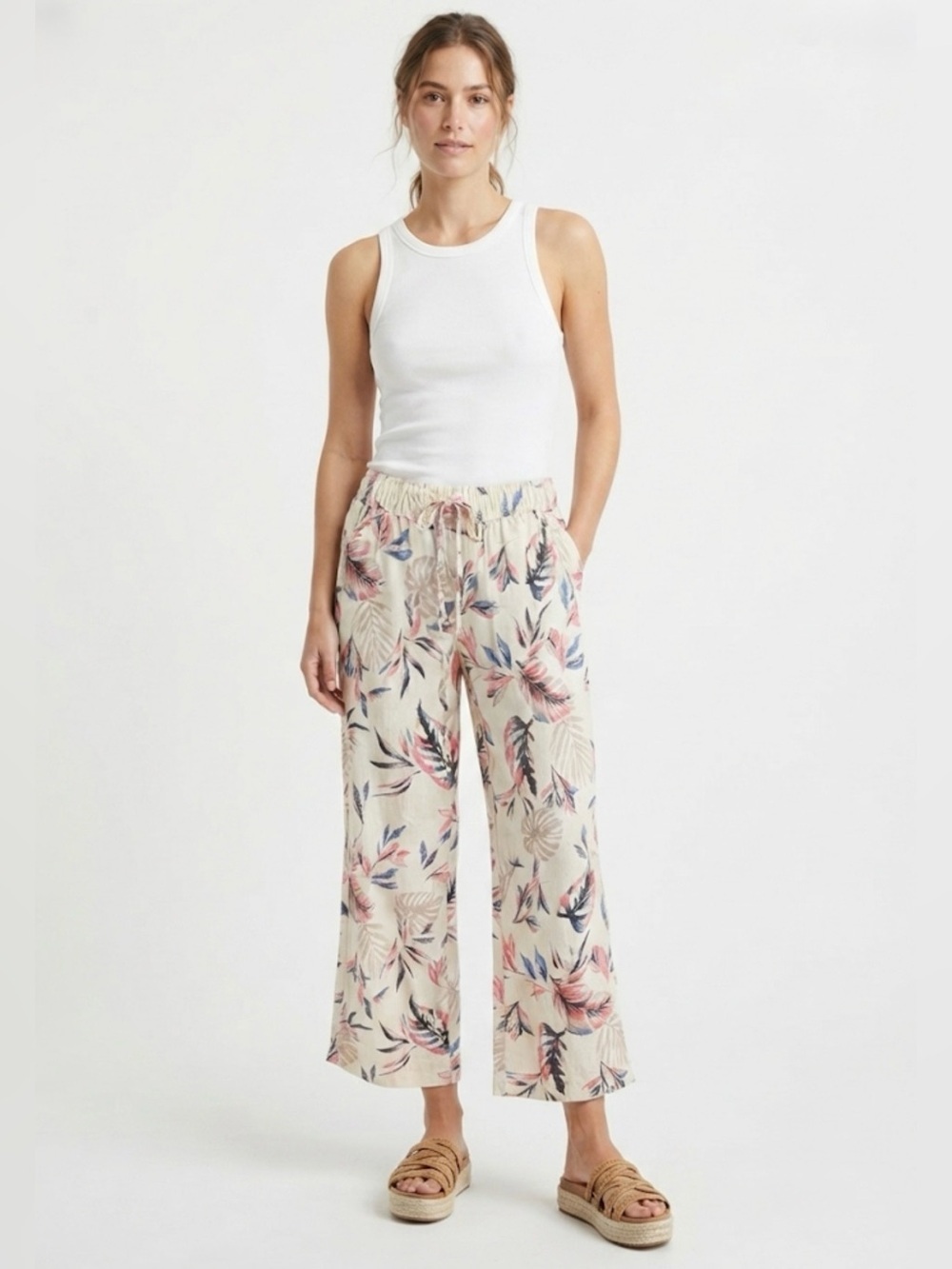 briggs ladies dress slacks New York Linen Blend Wide Leg Pants Medium Boho Floral Beachy Pull On hair